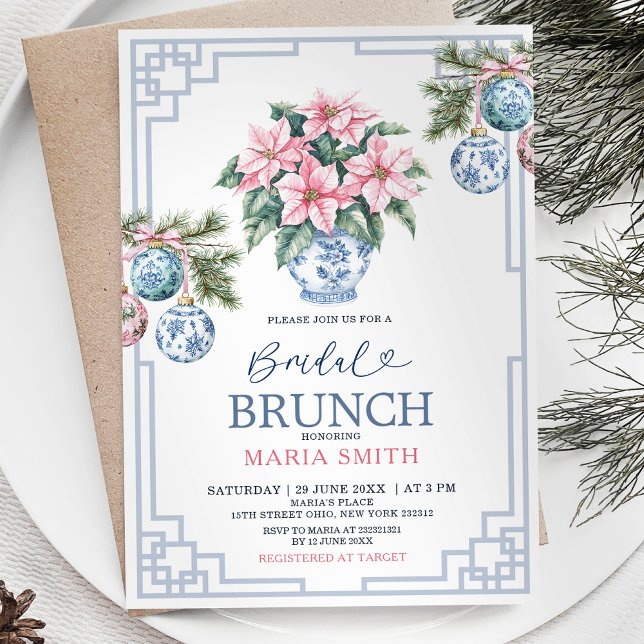 Convite Chinoiserie Rosa Floral de Natal Bridal Brunch (Criador carregado)