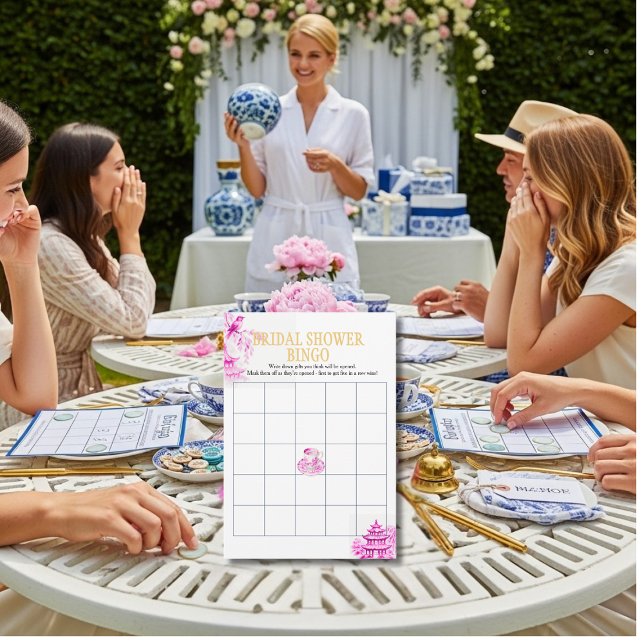 Convite Chinoiserie Rosa Salgueiro Jogo de Bingo para Chá  (Chinoiserie Pink Willow Bridal Shower Bingo game)