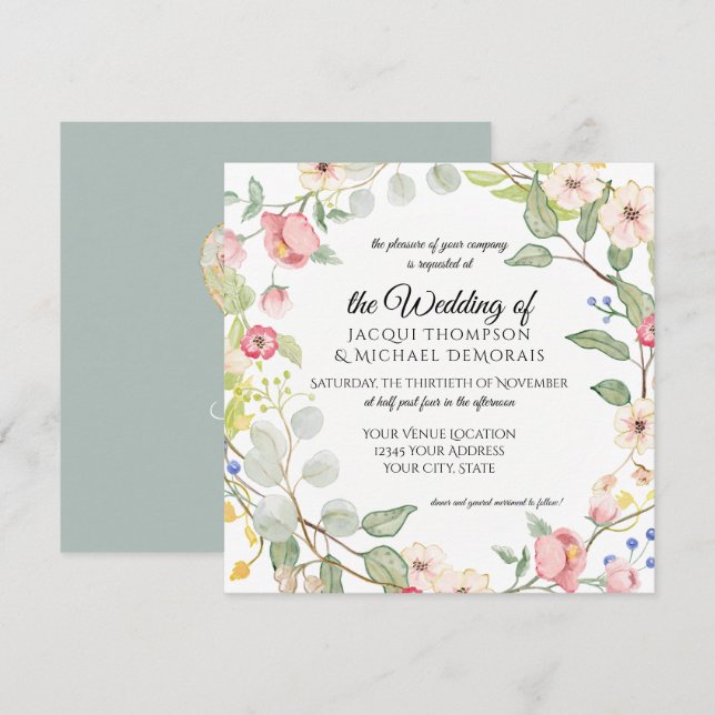 Convite Chinoiserie Silver Sage Rosas Floral (Frente/Verso)