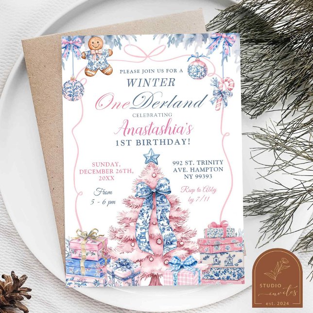 Convite Chinoiserie Winter Onederland Coquette Birthday (Criador carregado)