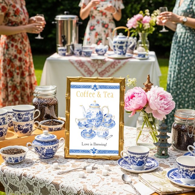 Convite Chinosierie blue Coffee & Tea Love is Brewing Sign (Chinosierie Coffee and Tea Love is Brewing Sign)
