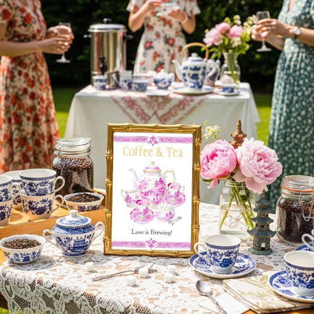 Convite Chinosierie Pink Coffee & Tea Love is Brewing Sign (Chinosierie Pink Coffee & Tea Love is Brewing Sign)