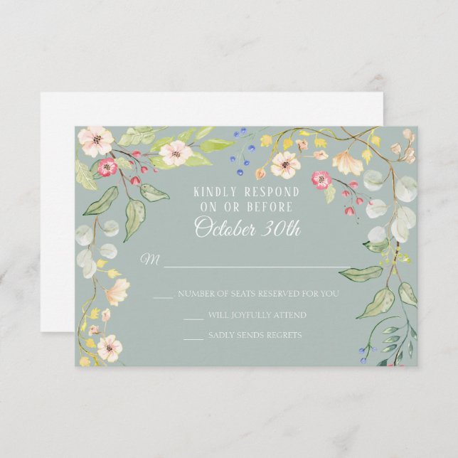 Convite Chintz Silver Sage Blush Watercolor RSVP (Frente/Verso)