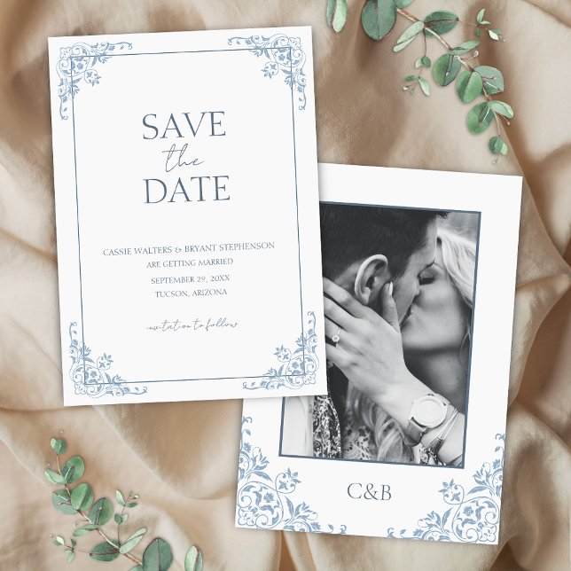 Convite Chique Azul e Branco Mínimo Salvar a Data (Elegant blue and white save the date for wedding announcement with photo, minimalist monogram theme)