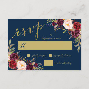 Convite Chique Burgundy Floral Azul Marinho Dourado RSVP C
