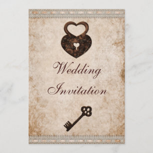 Convite Chique Damask Heart Lock and Key Wedding (Bloqueio