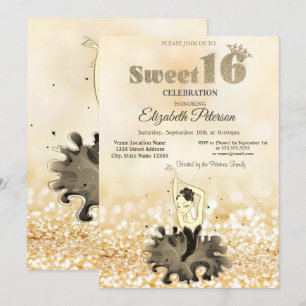 Convite Chique Elegante Bailarina Bokeh Dourado Sweet 16