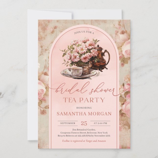Convite Chique elegante blush blush Bridal tea party (Frente)