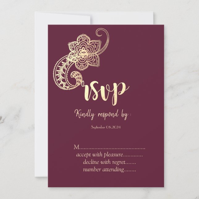 Convite Chique Elegante Dourado Paisley RSVP    (Frente)