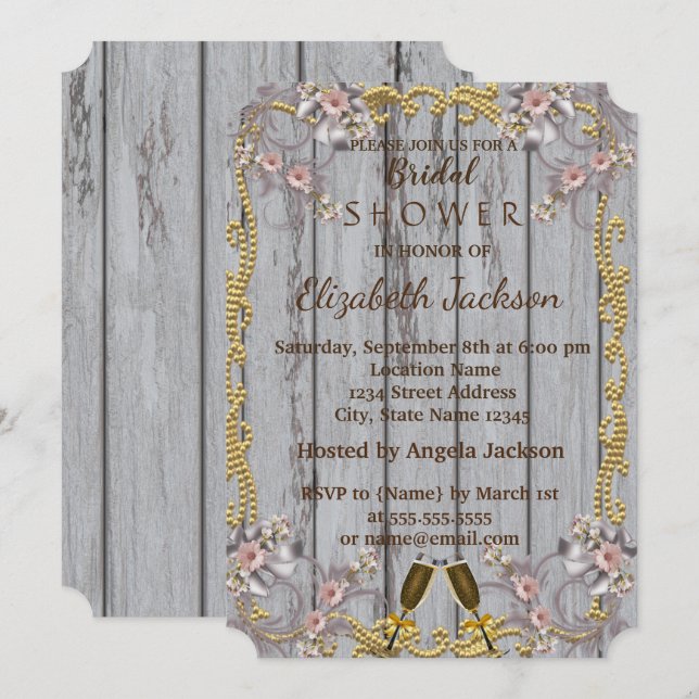 Convite Chique Elegante Textura de Madeira  Chá de Noiva (Frente/Verso)