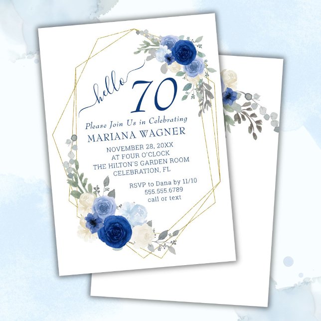 Convite Chique Feminino Azul Marinho Floral 70º Aniversári (Criador carregado)