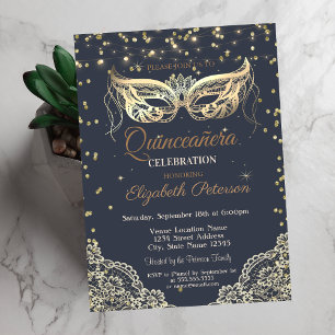 Convite Chique Máscara, Renda, Diamantes Quinceañera
