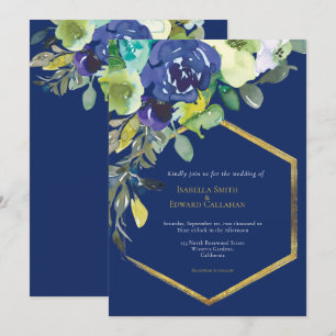 Convite Chique Navy Aquarela Floral Dourado Quadro Geométr