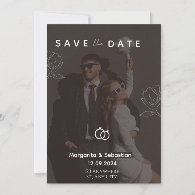 Convite Chique Personalizável Preto com foto save the date (Frente)