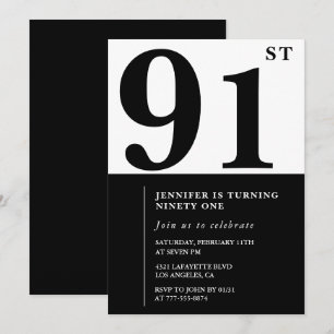 Convite Chique Preto Branco para o seu 91º aniversário