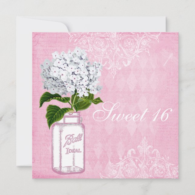 Convite Chique Rosa Jar & Hydrangea Sweet 16 (Frente)