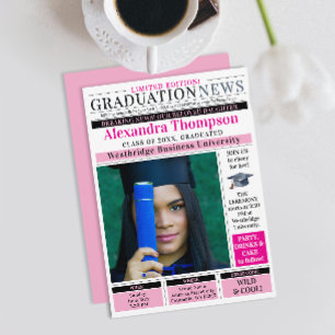 Convite Chique Único Rosa Quente Jornal Grau de Graduado