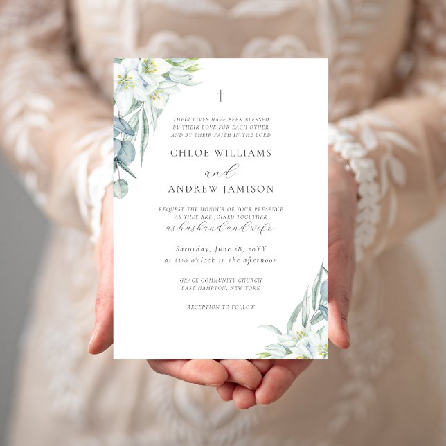 Convite Chloe Simple Elegant Greenery Casamento Cristão (Chloe Christian wedding invitation with white watercolor flowers and greenery)