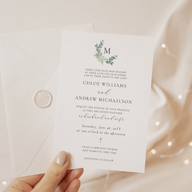 Convite Chloe Simple Elegant Greenery Casamento Cristão Em (Christian wedding invitation with monogram and greenery)