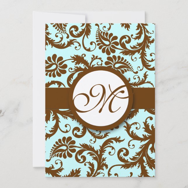 Convite Chocolate Brown Damask Aqua (Frente)