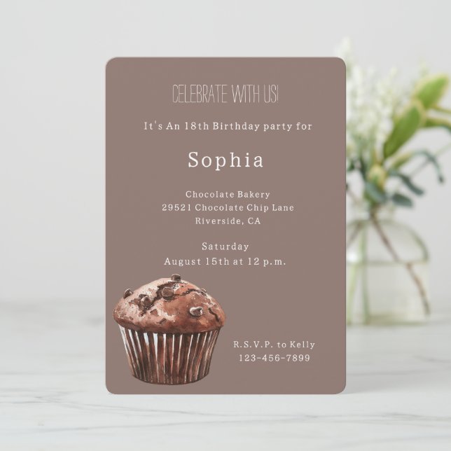 Convite Chocolate Chip Muffin Cupcake Birthday (Em pé/Frente)