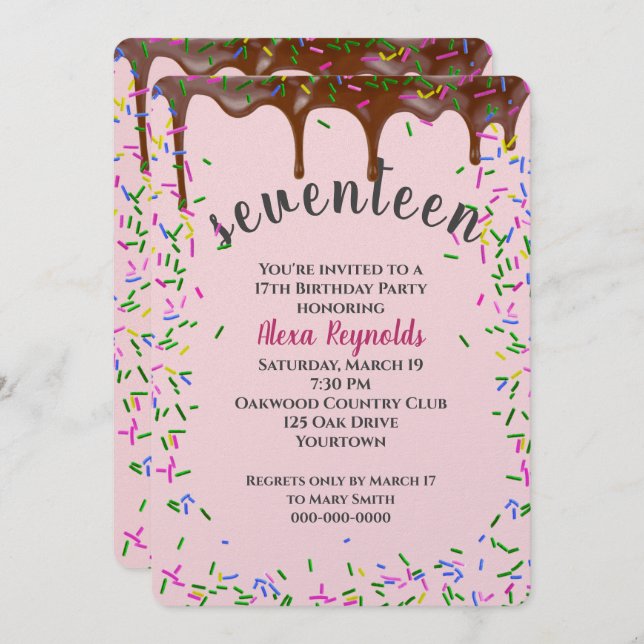Convite Chocolate com borrão para o 17º aniversário (Frente/Verso)