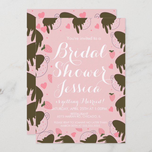 Convite Chocolate de Morango Bonito Derrubando Corações de (Frente/Verso)