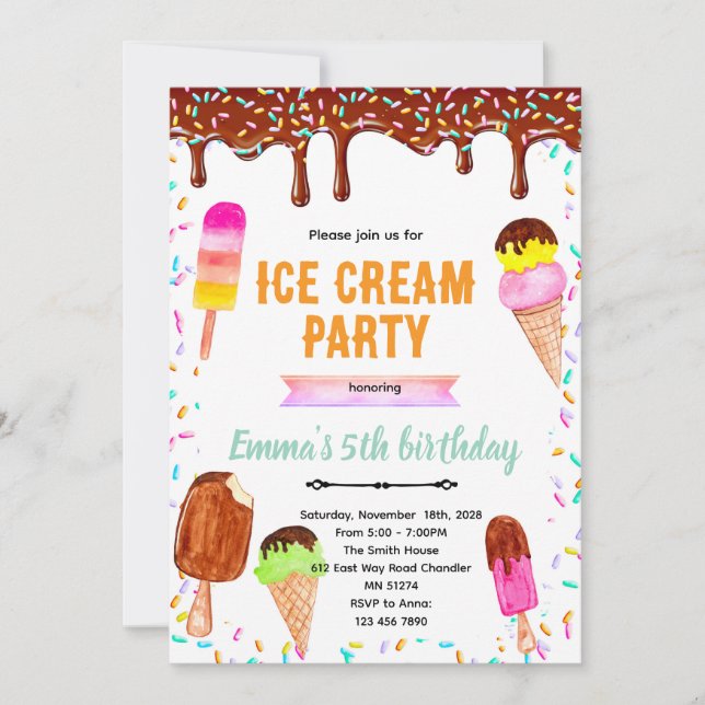 Convite Chocolate drip ice cream birthday invitation (Frente)