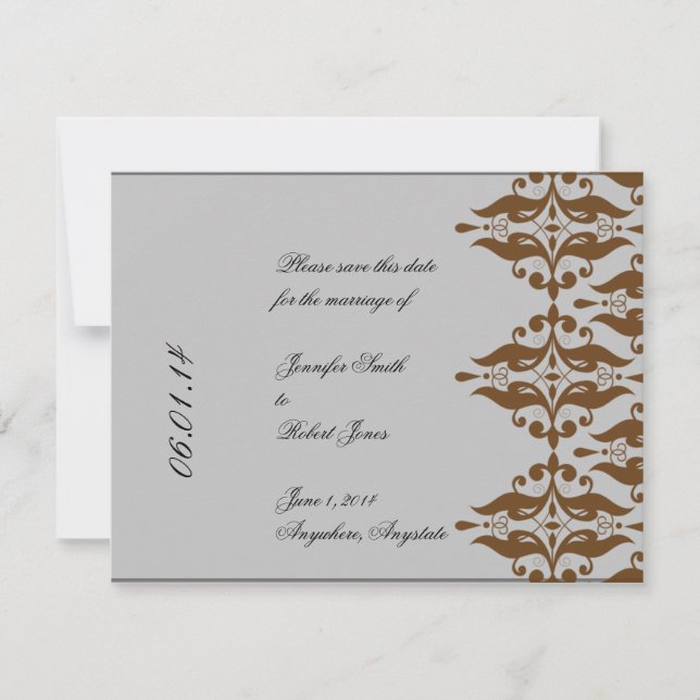 Convite Chocolate e Damasco Prateado Save the Date (Frente)