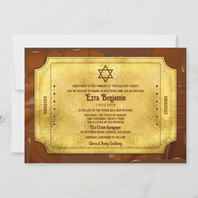 Convite Chocolate Golden Ticket Bar ou Bat Mitzvah (Frente)