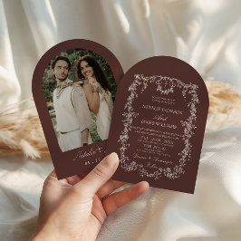 Convite Chocolate Marrom Floral Retro Arqueado Casamento F