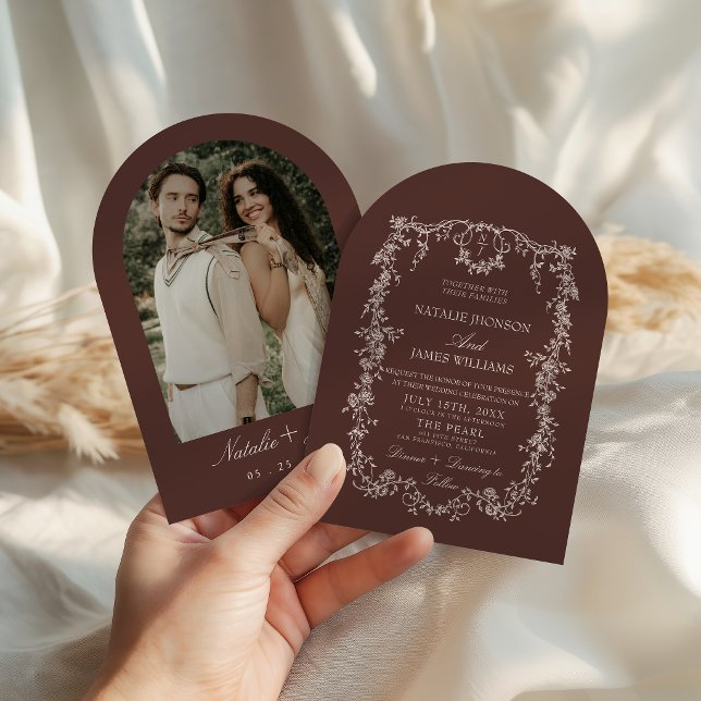 Convite Chocolate Marrom Floral Retro Arqueado Casamento F (Criador carregado)