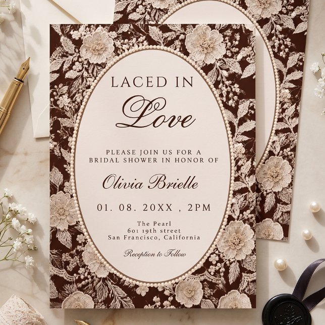 Convite Chocolate Marrom Renda Entrelaçada em Amor Chá de  (Criador carregado)