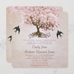 Convite Chocolate Misty Pink Heart Leaf Tree Love Birds