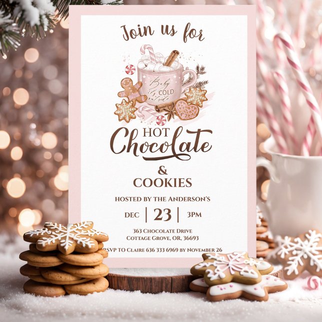 Convite Chocolate Quente E Biscoitos Rosa Natal Moderno (Hot Chocolate And Cookies Pink Modern Christmas Invitation)