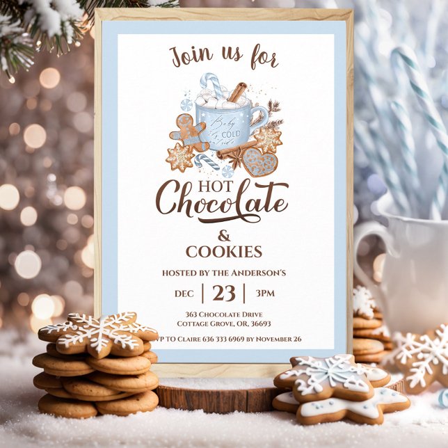 Convite Chocolate Quente E Cookies Azul Natal Moderno (Hot Chocolate And Cookies Blue Modern Christmas Invitation)