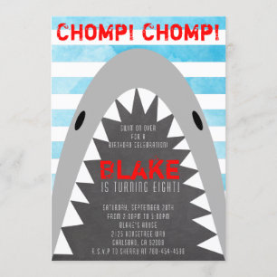 Convite Chomp Chomp Shark Theme Birthday Boy striped Tubar