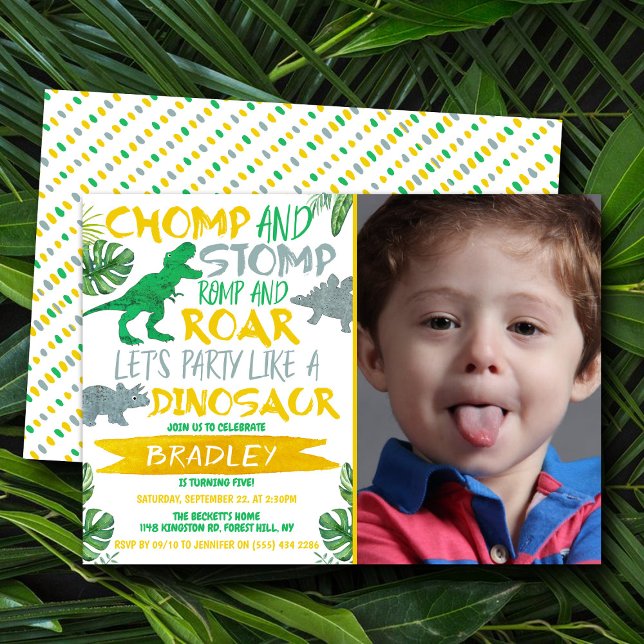 Convite Chomp & Stomp! Dinossauro, qualquer foto de aniver (Criador carregado)