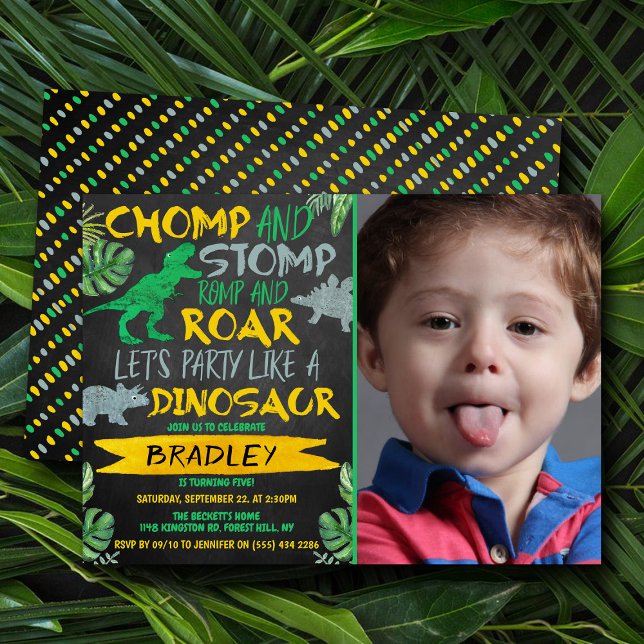 Convite Chomp & Stomp! Dinossauro, qualquer foto de aniver (Criador carregado)