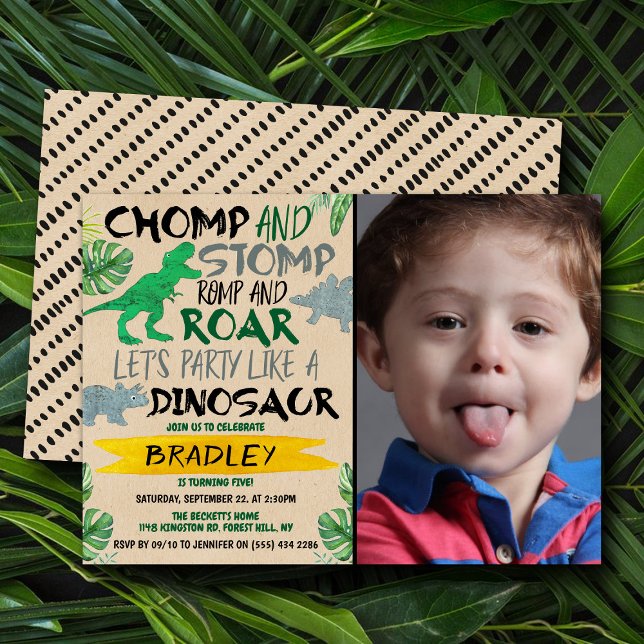 Convite Chomp & Stomp! Dinossauro, qualquer foto de aniver (Criador carregado)