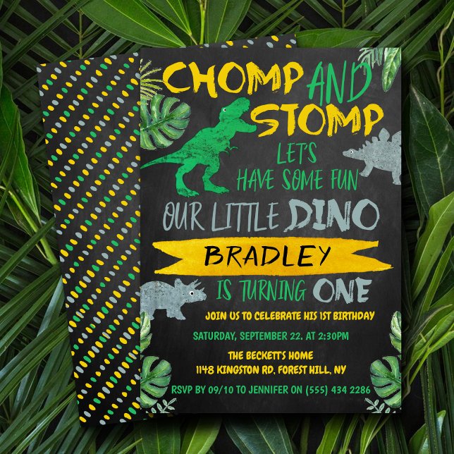 Convite Chomp & Stomp! Primeiro aniversario Dinossauro (Criador carregado)