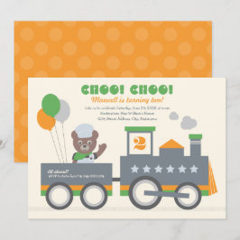 Convite Choo Choo Train Orange Bear Conductor Birthday
