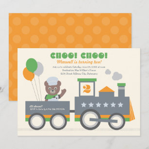 Convite Choo Choo Train Orange Bear Conductor Birthday