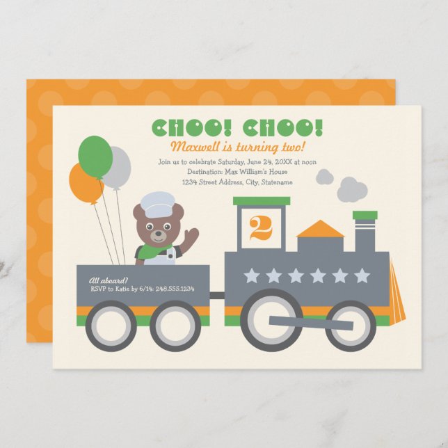 Convite Choo Choo Train Orange Bear Conductor Birthday (Frente/Verso)