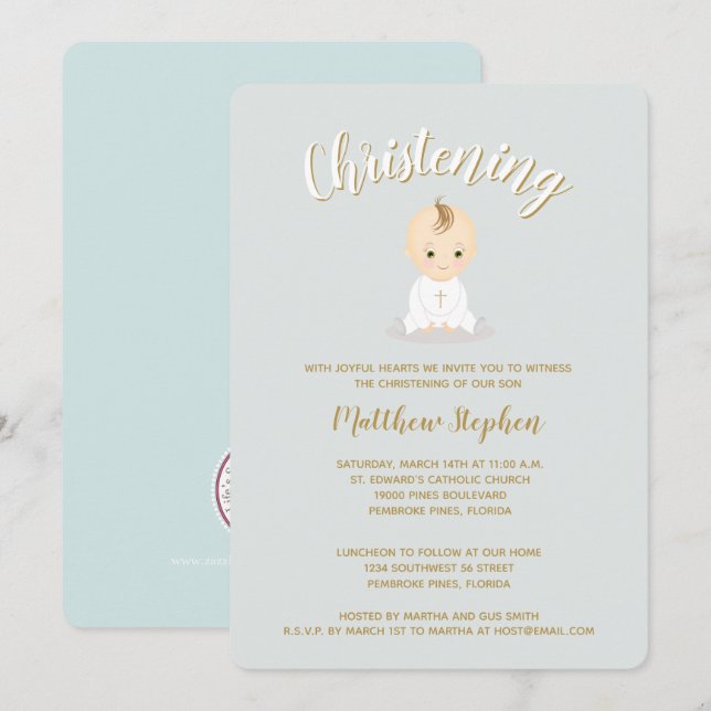Convite Christening Baby Boy (Frente/Verso)