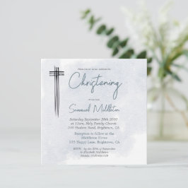 Convite Christening Baptism Blue Wash Cruz Moderna