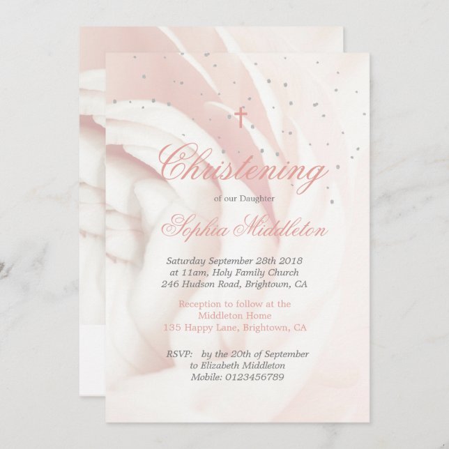 Convite Christening Baptism PhoGirl Pink Rose Silver (Frente/Verso)