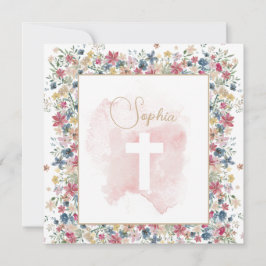 Convite Christening Baptism Rosa Floral Cruz Religiosa