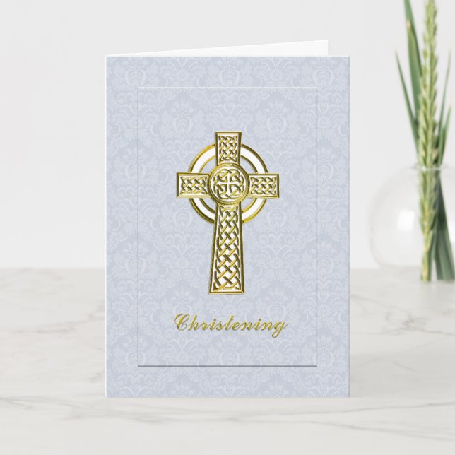 Convite Christening Blue Damask with Dourado Cross (Frente)