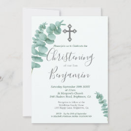 Convite Christening Boy Eucalyptus Greenery Modern